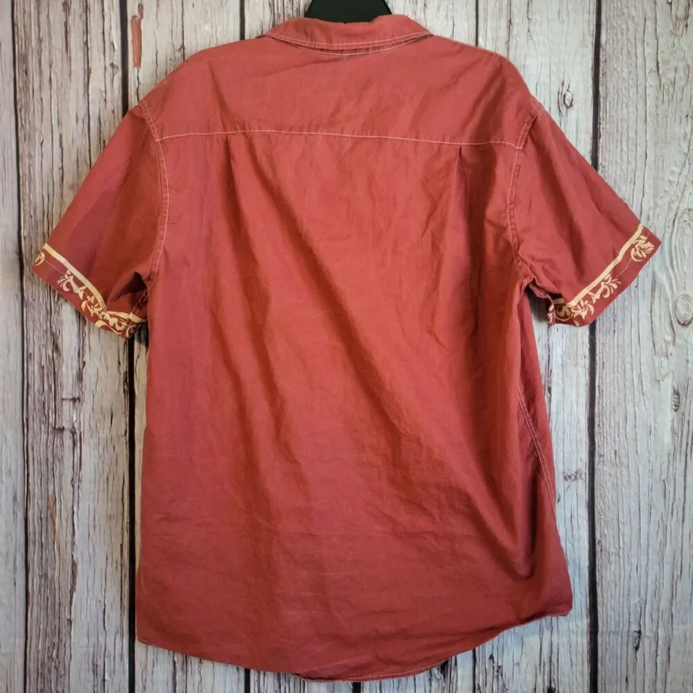 Boozelele XL Western Shirt Floral Paisley Drawn-On Pockets Button Terracotta